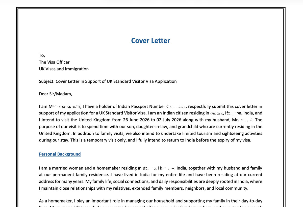 Visa Cover Letter Preparation